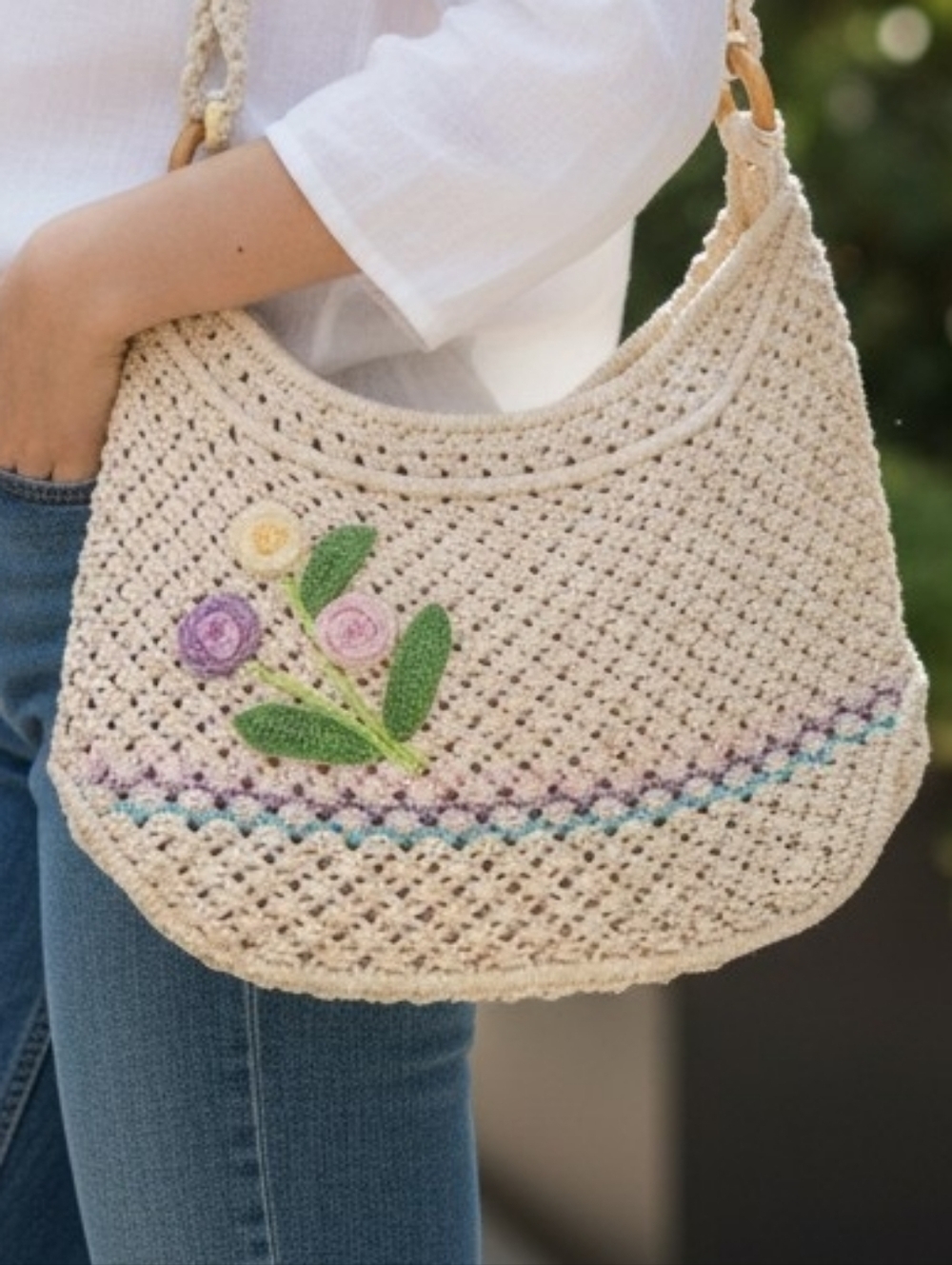 Woven Floral Crochet Shoulder Bag - Crochet tote bag with embroidered flower